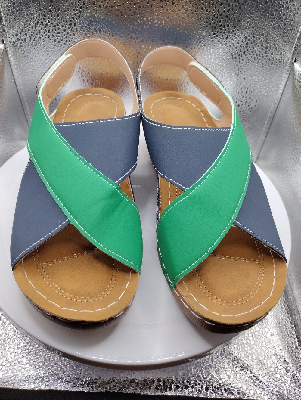 Women's Green & Navy Cross-Strap Comfort Platform Sandals US Size 8
